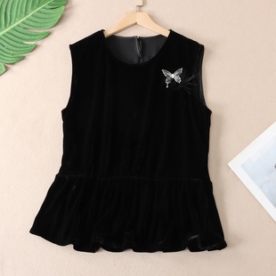 法式 上衣W448 复古荷叶花边金丝绒背心水钻蝴蝶女秋冬洋气圆领无袖