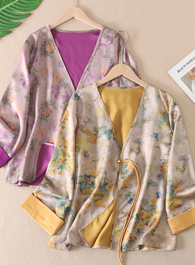 丝滑凉感~冰丝印花新中式上衣女仿香云纱开衫长袖防晒外套夏W262