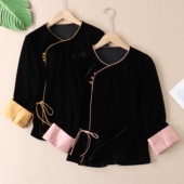 斜襟圆领缎感拼色袖 女秋装 国风优雅上衣W448 金丝绒衬衫 复古新中式