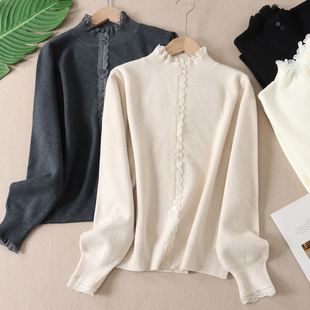 612 保暖内搭针织衫 法式 温柔风蕾丝花边半高领毛衣女洋气纽扣修身
