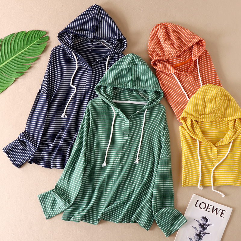 慵懒风大版型韩版连帽条纹T恤