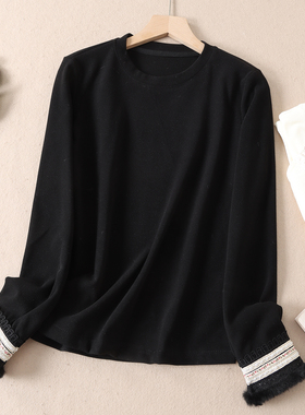 新中式自发热双面德绒打底衫女冬新蕾丝绣花毛毛袖抓绒上衣F512