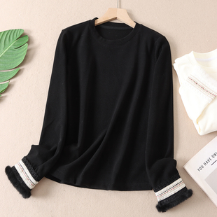 新中式自发热双面德绒打底衫女冬新蕾丝绣花毛毛袖抓绒上衣F512