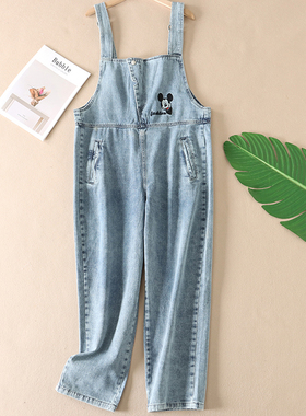 学院风卡通刺绣柔软牛仔背带裤宽松减龄水洗女式休闲长裤子 A640