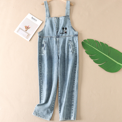 学院风卡通刺绣牛仔背带裤