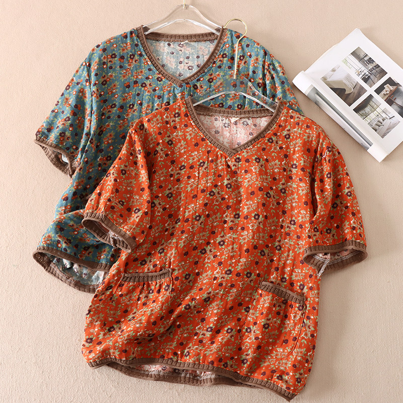 复古碎花短袖t恤女装夏季显瘦针织拼接v领双口袋棉麻上衣 b497