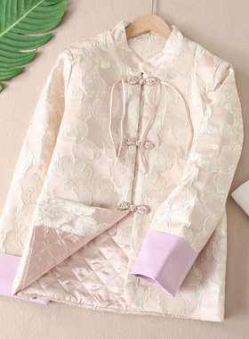 奢华贵气~新中式粉色浮雕提花夹棉外套女秋新流苏加厚上衣F101