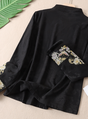 典雅端庄新中式提花薄绒半高领t恤女冬洋气金丝刺绣打底上衣X34