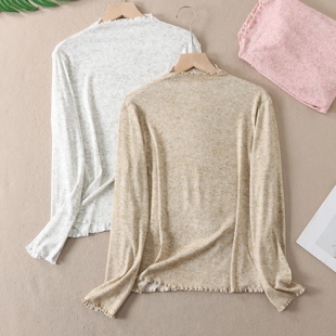 女亲肤透气软糯银丝线T恤上衣 打底衫 W143 温柔风木耳边长袖 法式