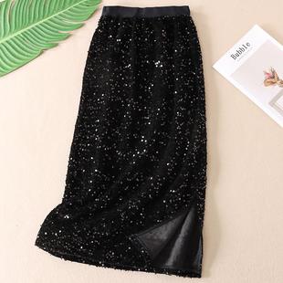 480克 W3299 时髦优雅一体加绒加厚亮片半身裙女冬显瘦直筒中长裙