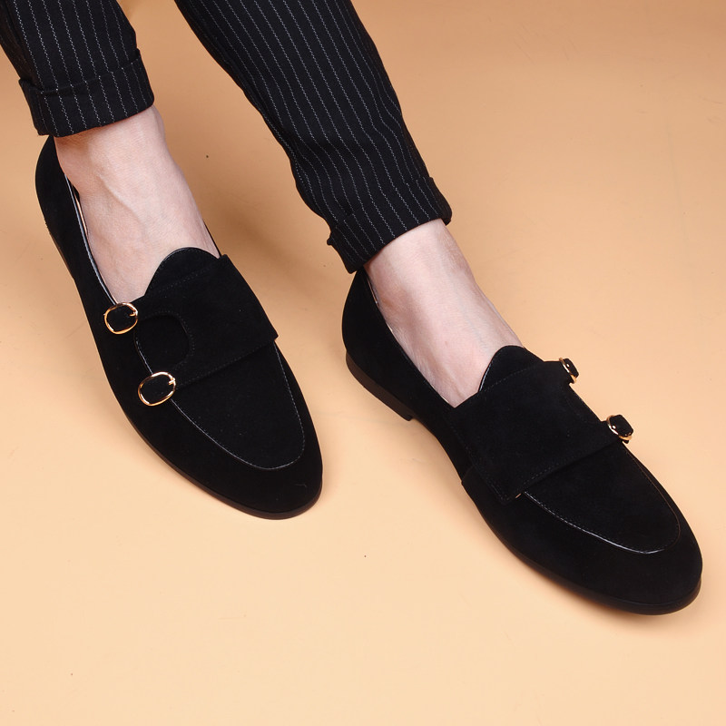 青春潮流韩版真皮皮鞋反绒休闲尖头透气男鞋磨砂皮鞋男商务豆豆鞋