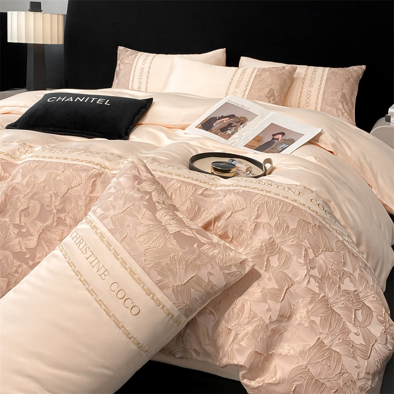 轻奢100S真丝贡缎四件套夏天丝滑被套冰丝绸床单床笠刺绣床上用品