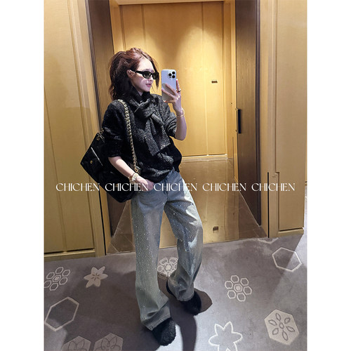 CHICHEN晨妍 耀眼星河 阔腿直筒烫钻牛仔裤女2025新款加绒钻钻裤