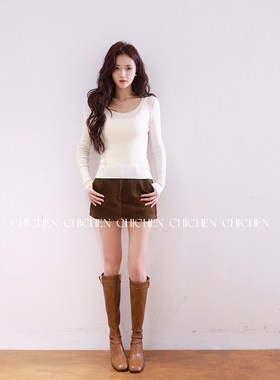 CHICHEN晨妍 鎏金碎片 咖色灯芯绒A字高腰秋冬半身裙冬季高腰短裙