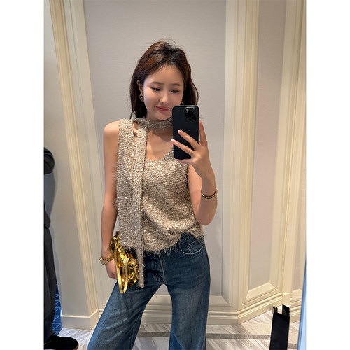 CHICHEN晨妍 闪亮缪斯 设计感珠片针织衫吊带背心女新款无袖上衣