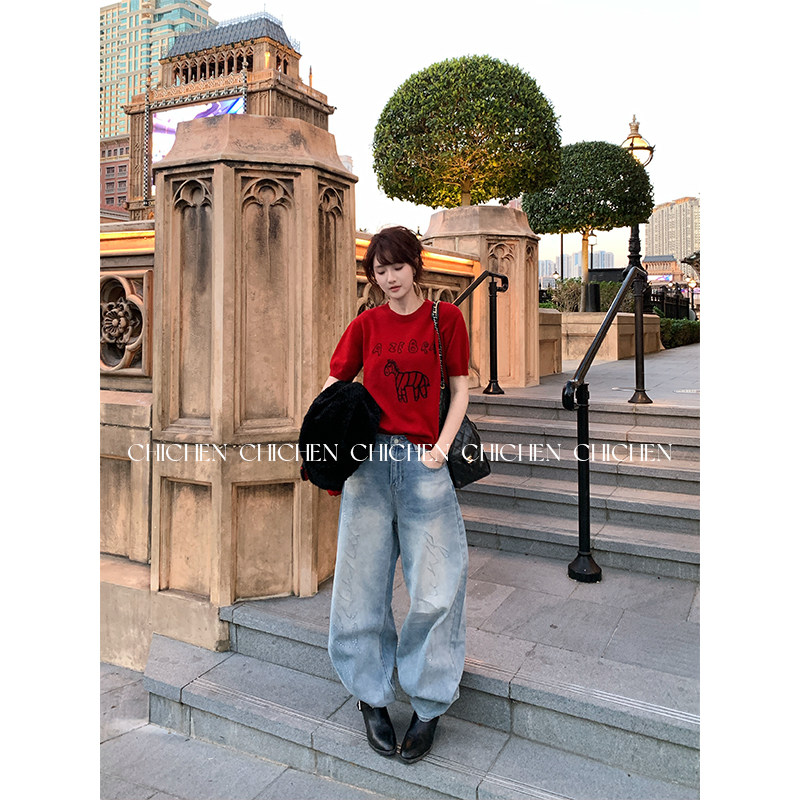 CHICHEN-全羊毛斑马刺绣圆领短袖针织衫,女装/女士精品,毛针织衫,淘宝优惠券,粉丝福利购,淘宝优惠卷