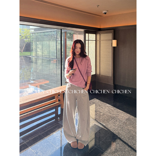 CHICHEN晨妍 腰封裤 弯刀裤卫裤女2025新款秋季休闲阔腿灰色裤子