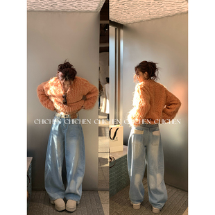 CHICHEN-“怕冷星人 加厚绒” 水洗蓝宽松弯刀牛仔裤长裤女冬