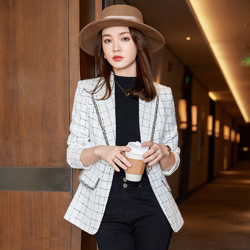 粗花呢格子西装外套女秋冬季新款时尚韩版气质通勤职业长袖小西服