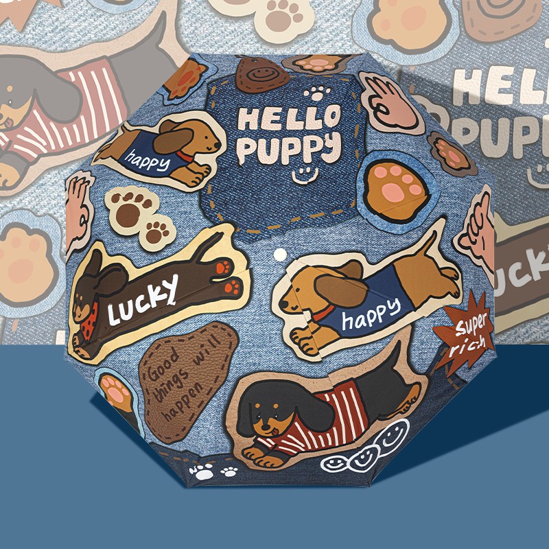 复古牛仔腊肠狗雨伞防晒防紫外线太阳伞学生专用小巧便携三折伞