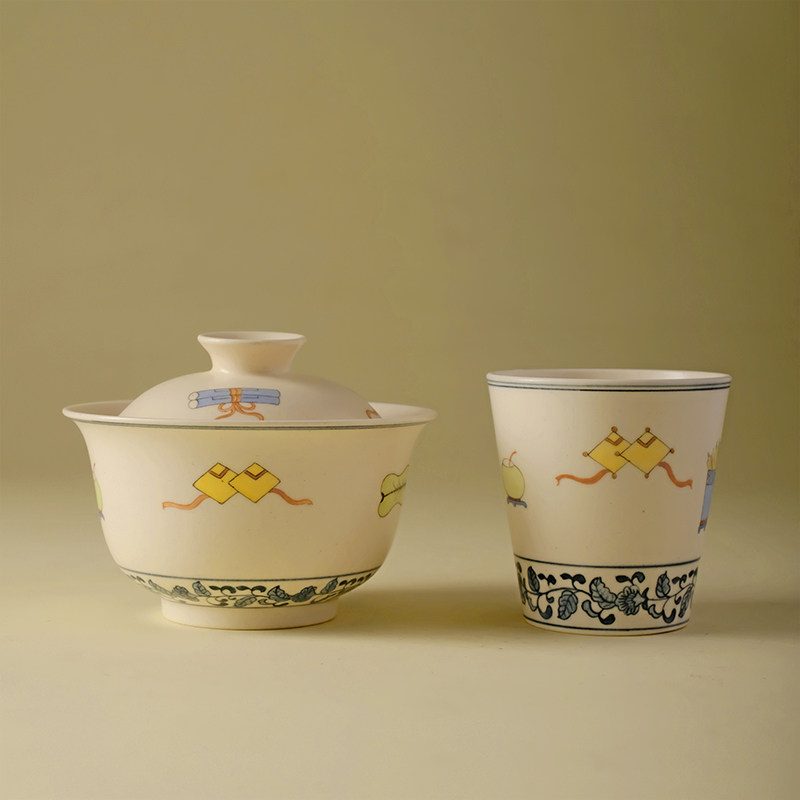 青花加彩铜钱玉如意盖碗茶杯手绘粉引画片泡茶碗主人杯景德镇山隅