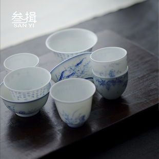 釉下青花薄胎淡描主人杯手绘花卉诗文茶杯品茗杯文人风单杯景德镇