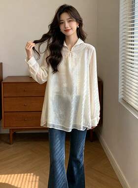 网红同款春季新款高领系扣宽松版纱料大版长袖时髦衬衫小衫女2613