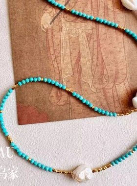 流金岁月 | 新中式蓝松石孔雀蓝巴洛克珍珠手作高级感复古项链女