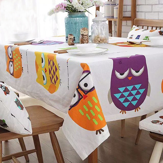 定制猫头鹰卡通图案布艺棉麻美式乡村台布茶几盖布现代简约餐桌布