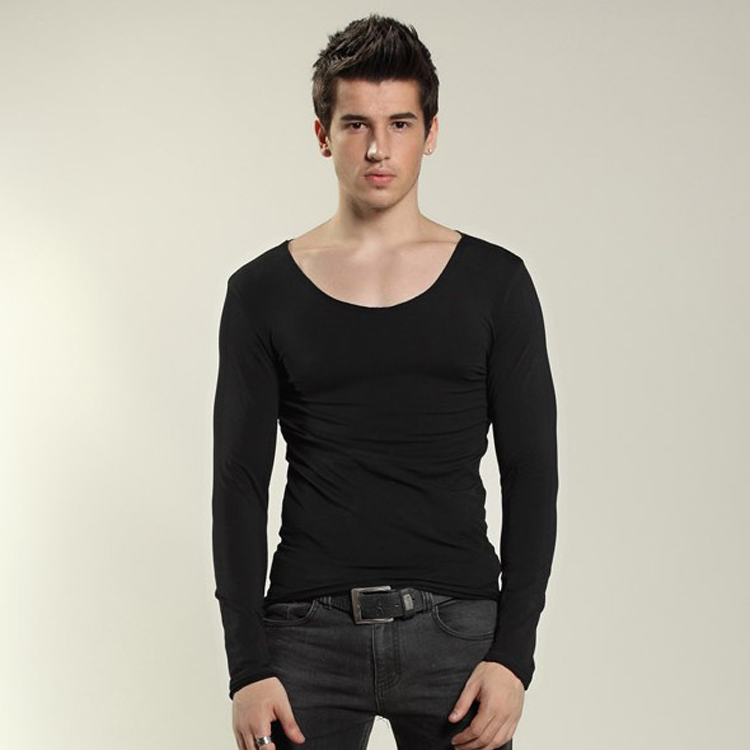 定制春季韩版紧身毛边无痕大圆领打底衫修身低领长袖T恤纯棉上衣