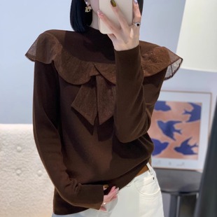 2025秋季新款气质漂亮别致网纱拼接超细羊毛针织衫时尚女人味上衣