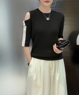 女拼色韩版 2023秋季 细羊毛针织衫 漏肩半袖 新款 女人味高级百搭上衣