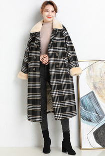 高端双面羊毛大衣拼接水貂毛鹅绒内胆羽绒服女新款毛呢千鸟格外套