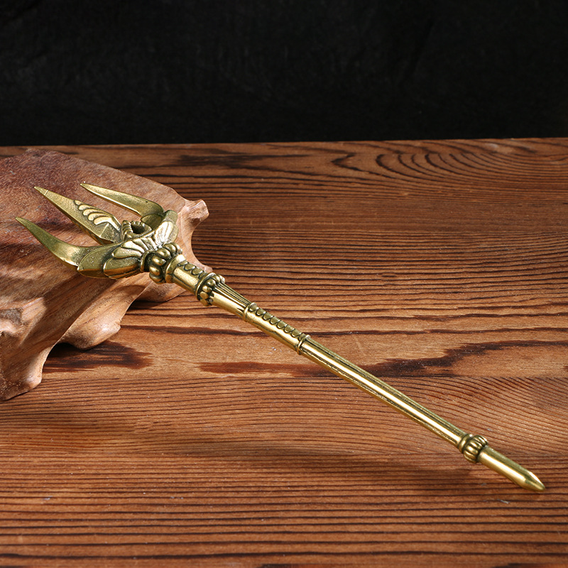 纯铜精品海王鱼叉三叉戟黄铜降魔杵做旧仿古铜器收藏品摆件饰品