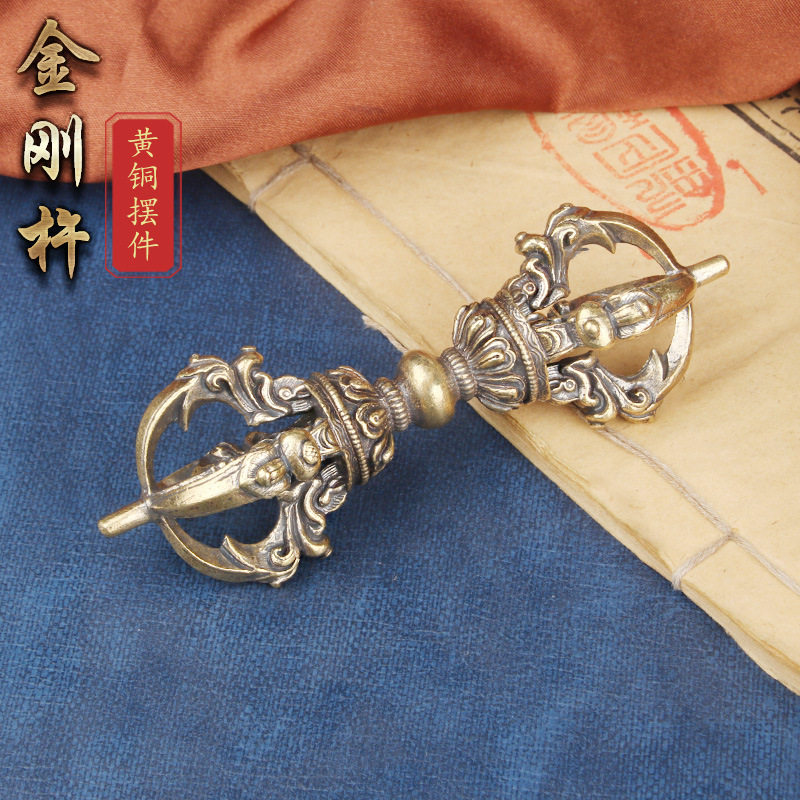 大号黄铜藏式金刚杵手把件复古降魔杵宗教法器五股杵古玩收藏