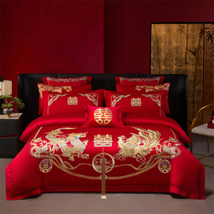 雅鹿家纺结婚全棉四件套纯棉刺绣婚庆大红陪嫁婚房喜被芯床上用品