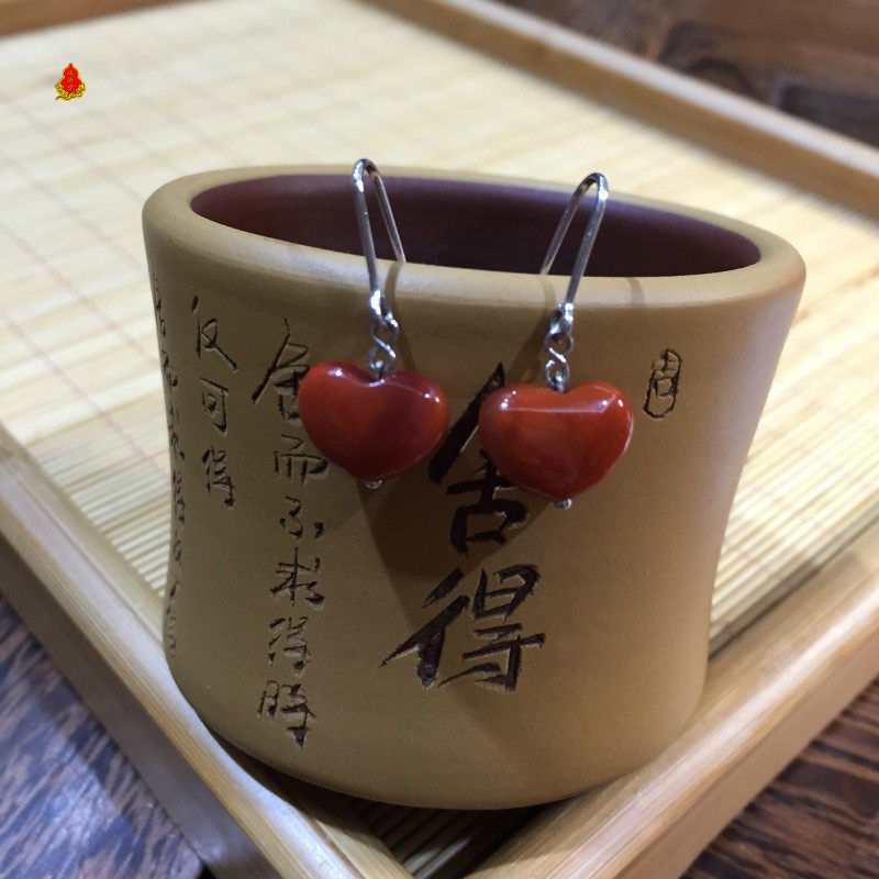 福济堂天然原矿川料南红玛瑙18K金镶嵌爱心型耳坠女士耳环diy耳饰
