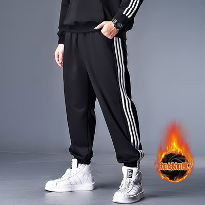 加肥加大码三条杠运动加绒卫裤男