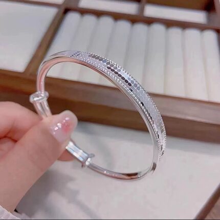 足银9999纯银手镯女鱼鳞闪亮闭口调节镯子时尚送女友妈妈生日礼物