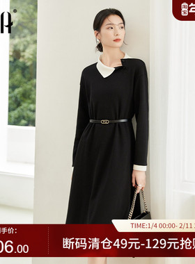 OSA欧莎赫本风黑色连衣裙2024新款御姐风情万种秋冬撞色显瘦裙子