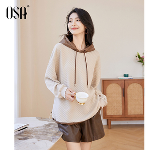 2024年新款 OSA欧莎撞色oversize洗水棉连帽卫衣女秋冬季 宽松上衣