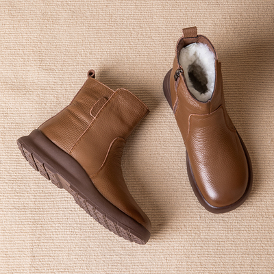 加绒加厚棉鞋女冬季羊毛真皮妈妈鞋保暖平底防滑舒适软底牛皮短靴