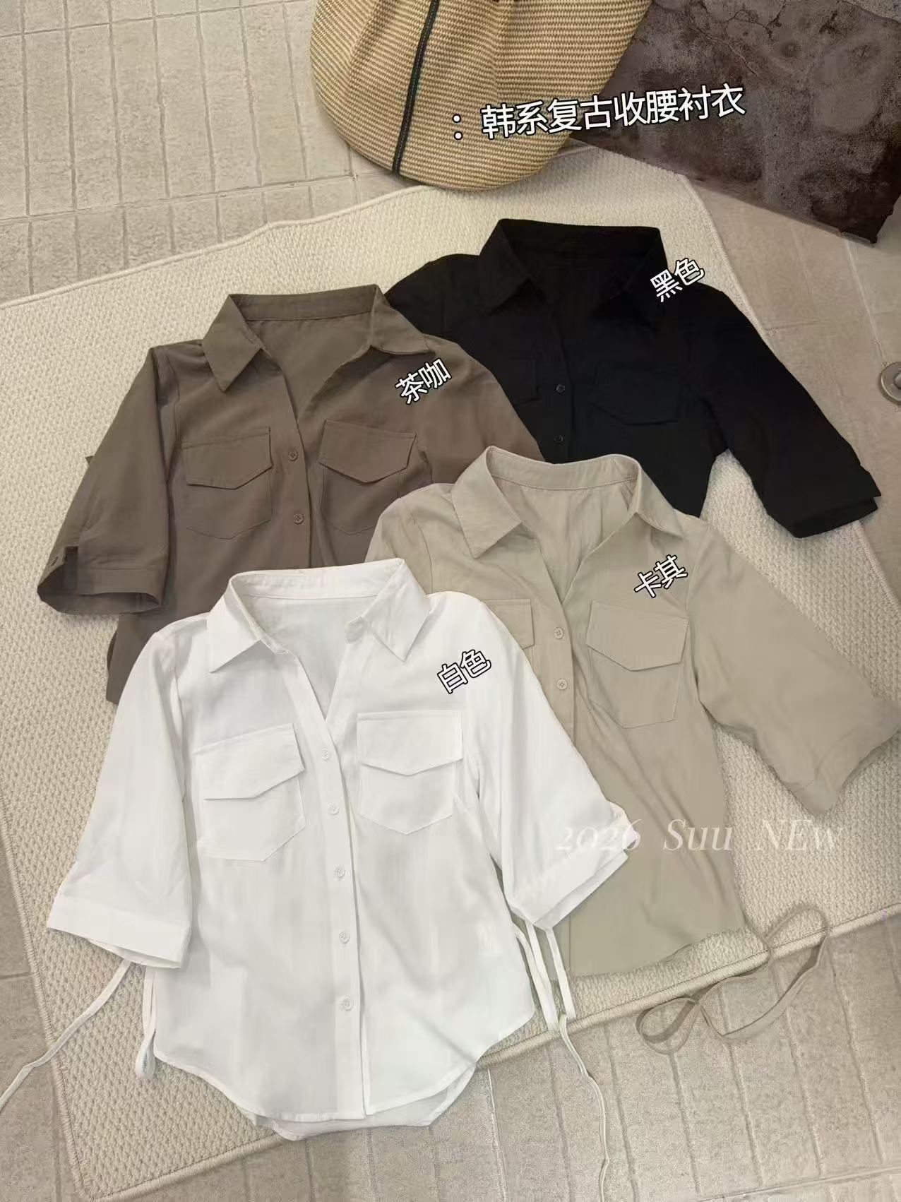 韩系老钱风夏季Polo领短袖绑带收腰衬衫女通勤设计感修身系带显瘦