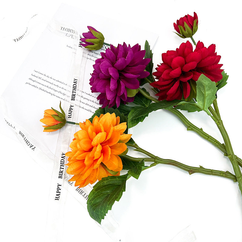 单只两头大丽花仿真花束 家居酒店餐桌摆放绢花 婚庆礼堂装饰假花