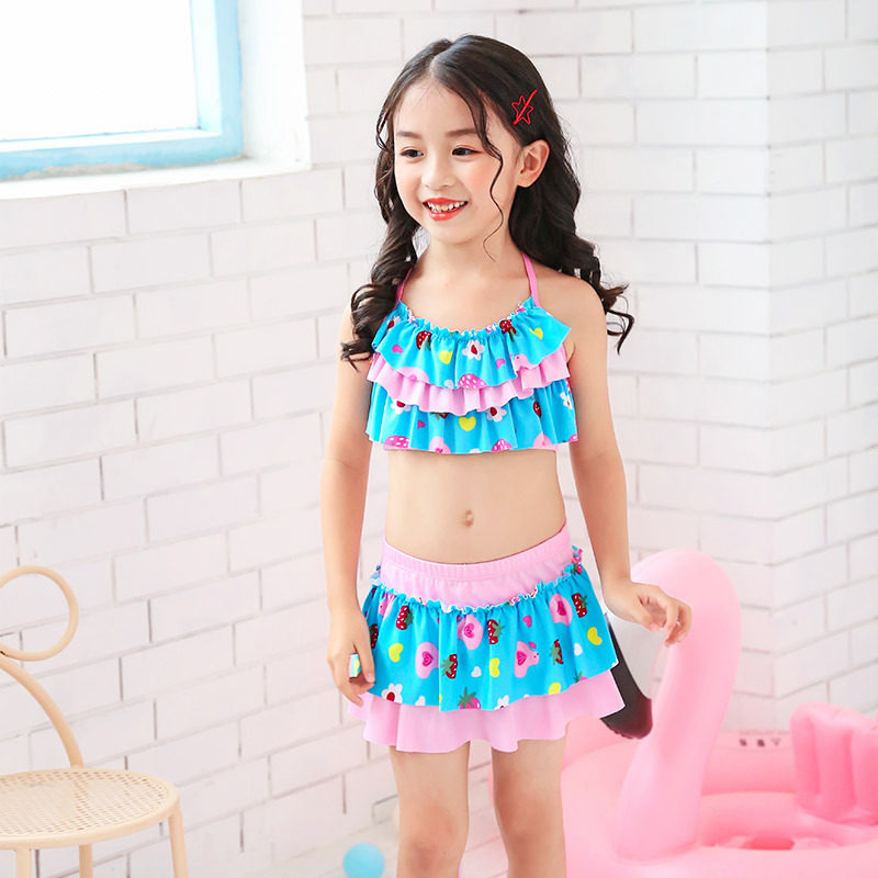 儿童泳衣女童游泳衣女孩分体草莓可爱公主裙式小中大童温泉泳装