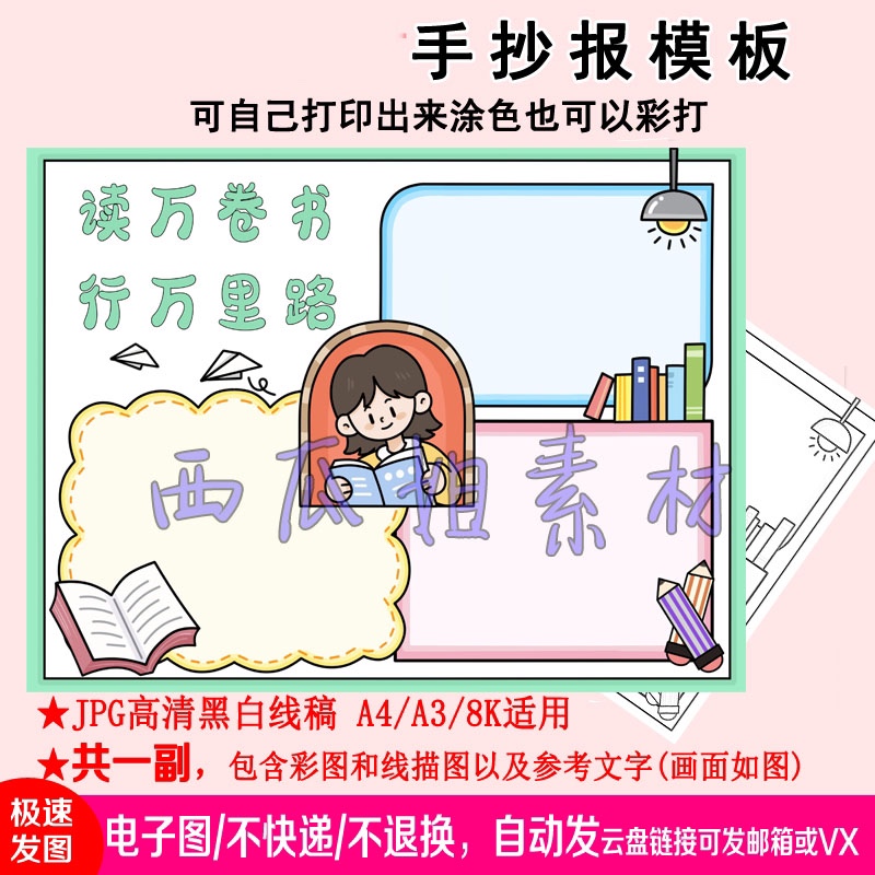 读万卷书行万里路手抄报模板素材电子版简笔线稿小学生看书阅读