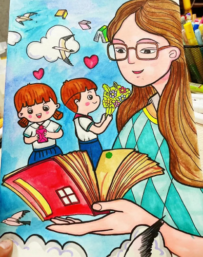 我最尊敬的老师绘画我的班主任节海报主题儿童画简笔画模板电子版