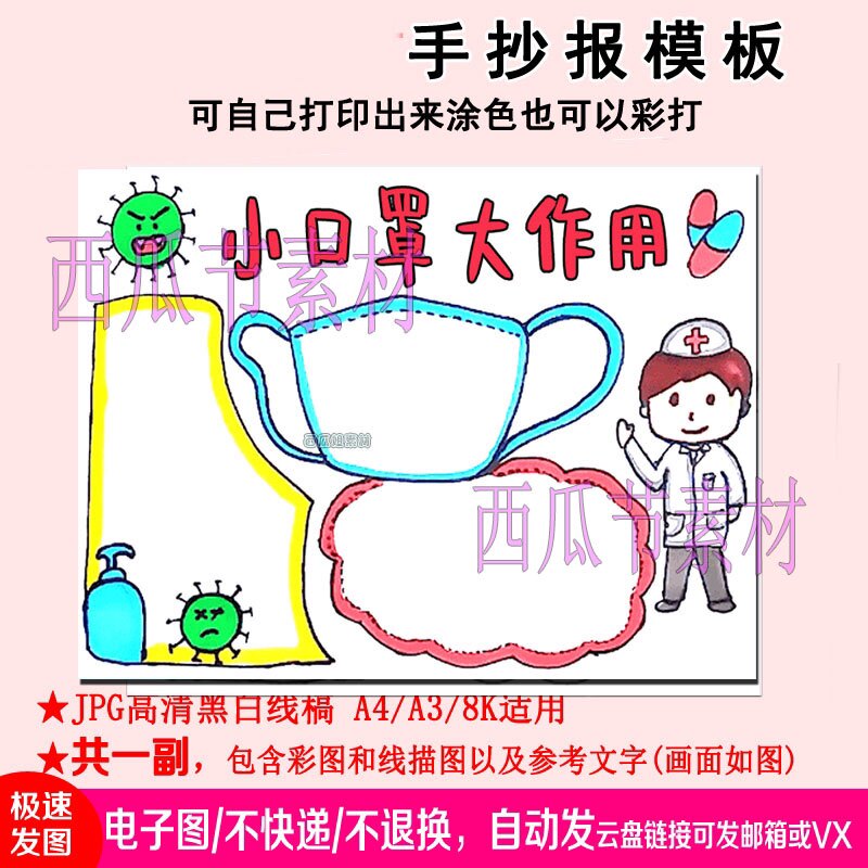 小口罩大作用手抄报模板素材电子版简笔线稿小学生科学佩戴口罩