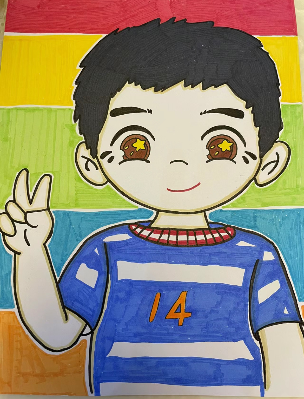 幼儿园大班手绘头像线条个性黑白色彩单人全身画像插画男孩男生
