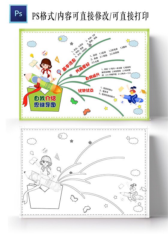 绿色卡通自我介绍思维导图卡通手抄报小报模板电子版小学关于主题